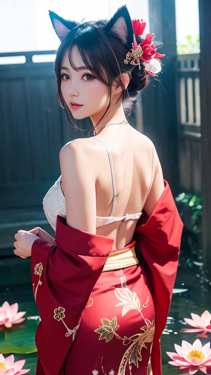 masterpiece, top quality, best quality, official art, beautiful and aesthetic:1.2),1girl, tattoo, solo, japanese clothes,sexy intricate red and black kimono, hair ornament, unsheathing, black hair, sheath, back tattoo, dragon tattoo, blue eyes, off shoulder, bare shoulders, flower, looking at viewer, holding, makeup, outdoor, big breasts and hourglass figure
