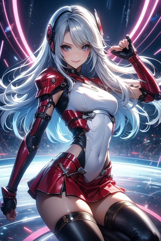 1 super cute girl wears a red ruby pink armor, Mechanical wing, Antecedentes de la Guerra Espacial, Rainbow Aura Body, Poder de Supernove, cabello rojo claro, Ojos rojos, cuerpo perfecto, sexy, neon glow, Shooting Beam Cannon, sad mood, muy detallado, Postura de lucha, Mecha Musume, ojos detallados, Cara detallada, Arte del anime, Anime style, anime.