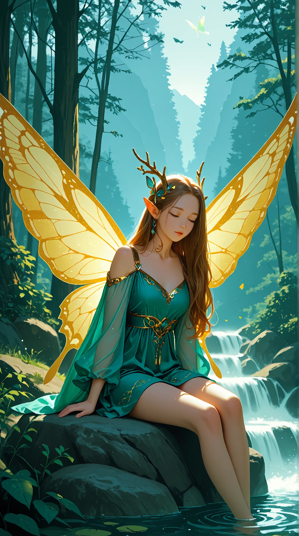 ((highest quality)),(Ultra-high resolution),(Super detailed new),(Detailed Description),((The best CG)),(A masterpiece),Ultra-detailed art,A wonderful new art form,(Art with precise detail:1.5), A lonely-looking fairy standing by a pure spring deep in the forest,