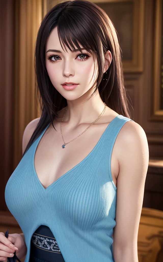 rinoa, blue duster, blue wristbands, holding necklace, portrait body, unparalleled masterpiece, ultra realistic 8k CG, perfect artwork, clean, beautiful face, pure face, pale skin, intricate detail, prestige, gorgeous, luxury, fancy ballroom, hound
