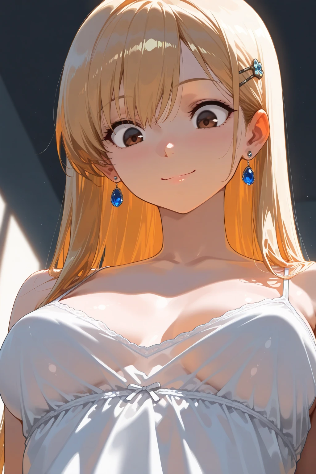 Beautiful girl with a sense of transparency, long shiny blonde hair, large breasts, smooth white skin, white eyes, white chiffon dress, soft atmosphere, bright sunlight, looking happy, white background, (magnificent view:1.2), transparency, garden of light, heavenly, fleeting expression, open mouth, pov, NPは(cleavage:1.3)のみ追加