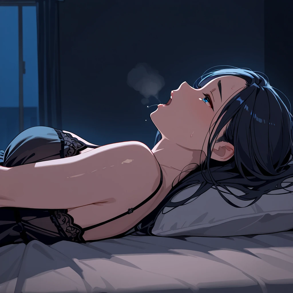 rainy night, girl on a bed, chill, no clothes, underwear, like Japanese anime