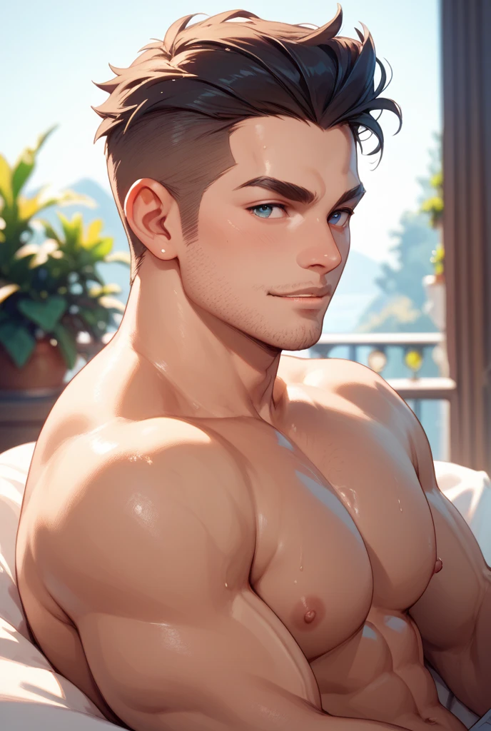 ((the best quality)), ((Masterpiece)), (details), perfect face, high definition, Masterpiece,4k,details clearly, Handsome face, white skin, perfect body, male body, strong muscles, abdomen, gray eyes, white skin, The most handsome man in the world, handsome, The coolest face, Male characters, close image (1man, shirtless), young man, mischievous smile, Extremely muscular tall man, open your eyes ((detailed eyes)), huge, muscular body and Massive, bulging pecs, muscular abs, narrow waist, short hair, blue eyes, delicate big eyes, carefree expression, clear face, handsome (detailed face, perfect face) ((extremely realistic shadows, bodybuilding posture, human, ((22-year-old young man)), V shape, Shirtless, topless, close up look, CG sense, Textured skin, the best quality, Storytelling images, lower your pants, show Panty line, Show your abs, show arm muscle, Black hair, shining gray eyes, eyes contact, high school, Red cheeks, men wear, clear sky, sunlight