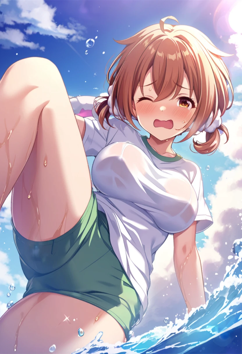 Asahina Nono, brown hair, short hair, purple eyes,  1girl, solo, large breasts., crying , nipple,　Expressway, , Standing pee, nude, Peeing, lactation, projectile lactation,   (Sweating profusely, Love juice, Wet Woman, female ejaculation)