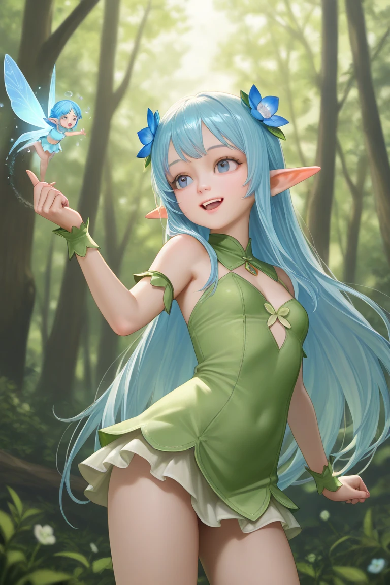 naked, nude, vagina, lolita, outside, medium chest, eight years old, open mouth, happy, smiling, sunny, happy, bright sunlight, grass, pointy ears, hair ornament, white hair, green hairstreak, from below, side ponytail, masterpiece, best quality