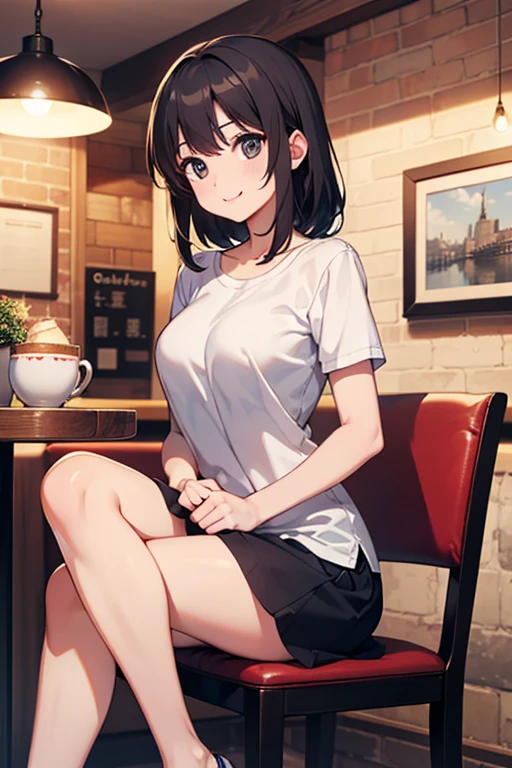 (1) There is one woman with beautiful legs, Lift up your skirt and show off your beautiful legs and pants.,
(2) she stands with her legs closed, I would like you to draw a picture of the whole body so that the legs can be seen..,
(3) woman is wearing a white tank top、Skirt has gray box pleats.、on my feet, I'm wearing long brown western boots.,
(4) The visible pants are red and have flashy patterns..,
(5) woman has short brown hair, shining eyes, A provocative grin,
(6) The place is a cafe restaurant..,
(7) highest quality, High resolution, realistic pictures, realistic skin,