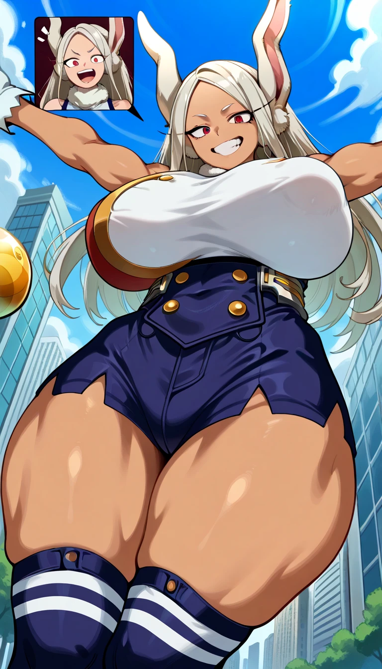 1girl, Noelle Silva from Black Clover wearing the Wonder Woman outfit, breasts, from below, solo, navel, panties, big breasts, gloves, eyes, looking at viewer, looking down, moon, smile, heart, thighs, covered nipples, thick thighs, panties, makeup, long hair, night,