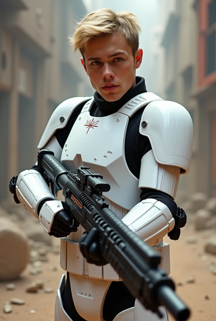 20 years old blonde man in storm trooper armour - dark angel themed - hiper detalle
