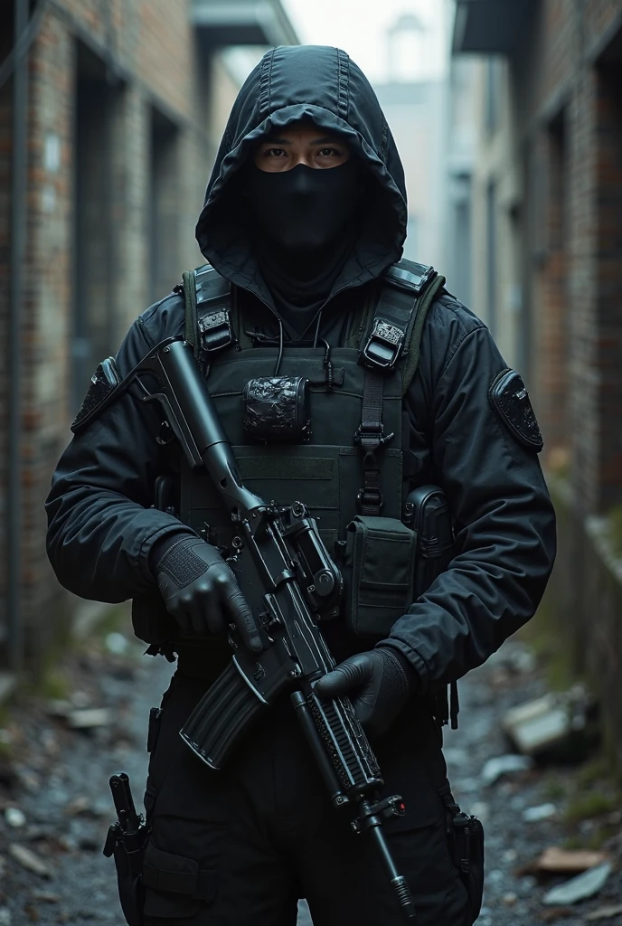 man in hood armed with bottomless ak 47