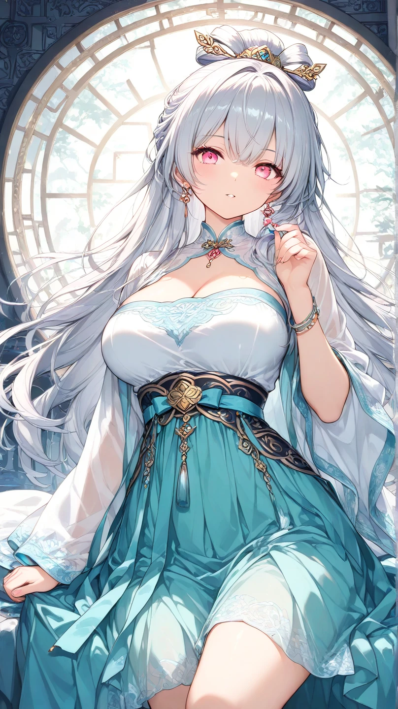 starlit_astrologos, 1girl, chinese_clothes, long_sleeves, white_thighhighs, fur collar, bows, white hair, bun, long hair, blue eyes, china skirt, white leggings, hair sticks, pleated skirt, floating hair, big bow, tassels,
jewelry, hands on chest,see-through, looking at viewer, hair ornament, choker, shy,
(masterpiece, top quality, best quality, official art, beautiful and aesthetic:1.2), (1 girl), extreme detailed, colorful, highest detailed,
(huge breasts:1.2, upper body, from below, cameltoe, ) white panties, skirt lift,
night, sky, stars,moon,