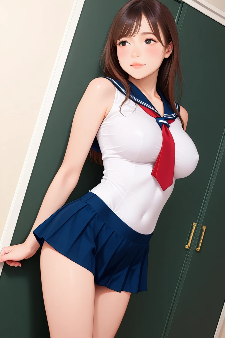 ((masterpiece)), ((Highest quality)), (Very detailedな), ((Very detailed)), 4K, (8K), Highest quality, (beautiful), Anime Style, Upper Body, Looking up from below, Whole body concentration, In the school classroom, Cute Woman, 1 female、beautiful mature woman, alone, (Sailor suit、Pleated mini skirt、Over the knee socks), beautiful light brown hair, ((beautiful eyeedium hair, Hips, Embarrassing, (Showing white panties:1.2),Lens flare, Shiny, Shine、Plump thighs、Plump body、bigHips、Japanese actress face、beautiful mature woman、48 years old、Place your hands on the desk、Wet body、Covered in white ?????、Pee、Mouth half open、Wet body、Plump thighs、big、Hips、Red and swollen Buttocks asturbation、??????????、return、look return、Hipsを突き出すポーズ、????????????