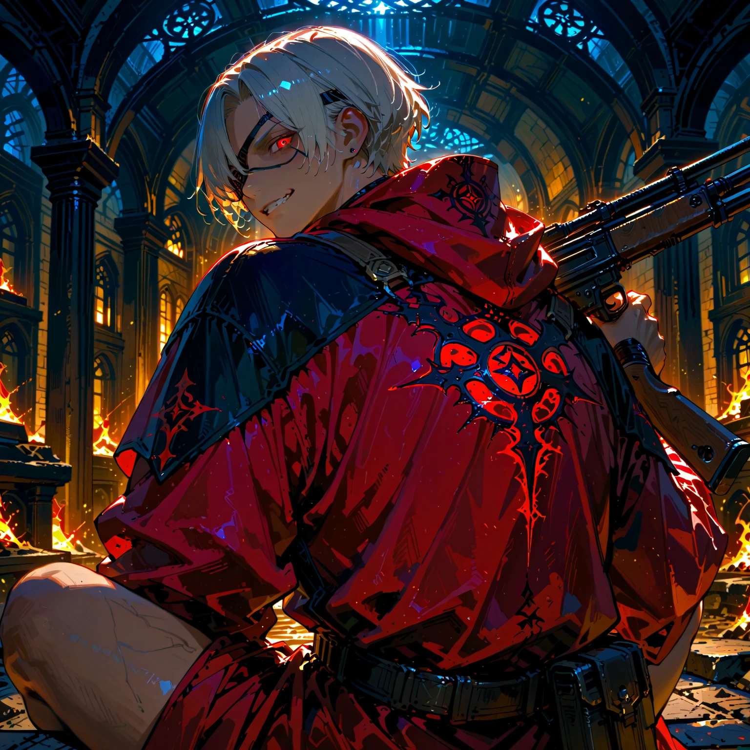 Highest image quality，male people，，1 boy，Young and handsome，shoun，White color hair，Short flat top hair，Dark  skin，anime big breast，anime wallpaper，Solo，malefocus，Briefs，Dilation of the pectoral muscles，Red cape，Bulging crotch，Urban background，spread their legs，Sexy,(Masterpiece, Best quality),Long white socks，Red Martin boots，
