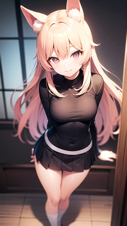 girl，Young，、（masterpiece，Highest quality），Street，Completely naked，Bare shoulders、Gal、Pink Hair、smile、passionate、long hair、(Underboob)，Big Breasts，Cleavage，(stomach)，Black mini tube top、looking at the camera、barefoot、A very short black miniskirt，(Ultra Micro Mini Pleated Skirt)，Strong winds、No underwear、The skirt is blown up by the wind、solo、Are standing、barefoot，In the subway、City、Embarrassing