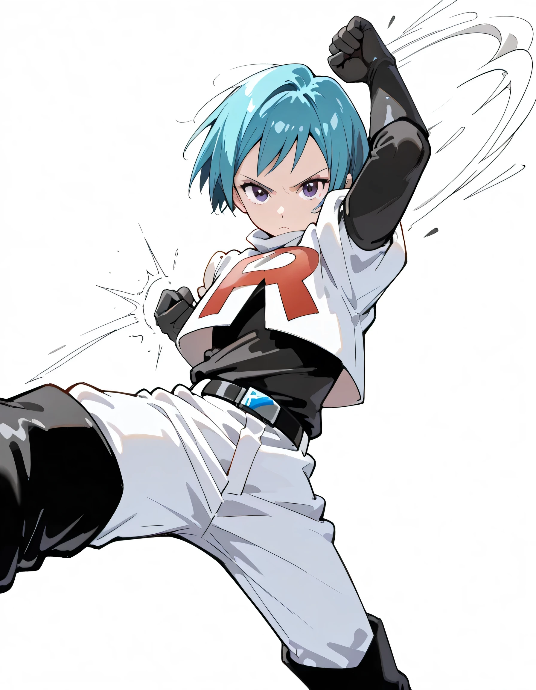 (dynamic angle,dynamic punch fighting pose),solo,1man,(upperbody),male face,(black spiky short hair),team rocket uniform, white jacket, white pants, black thigh boots, black elbow gloves,soft lineart,white background,memorial shot,(looking at viewer:1.3),