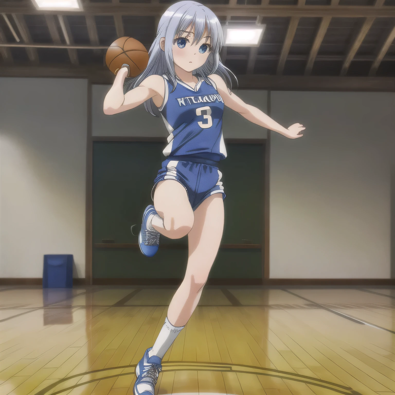 A young female basketball player makes a dynamic jump shot with elegance and control. She holds the ball firmly in both hands, her form showing strong confidence and skill. Her athletic uniform fits her form well, paired with high socks and sneakers in matching tones. Her neatly styled hair flies in motion as she leaps, with focused eyes locked on the basket. The polished gym floor reflects her movement under bright lights, capturing the intensity and competitive energy of the moment.
(RAW photo quality, photo-realistic:1.4), masterpiece, ultra-detailed, cinematic lighting, soft light, highly detailed face and body, extremely realistic eyes, perfect anatomy, slender body, high-res, ultra CG detail. Long hair, blue hair, blue eyes.
