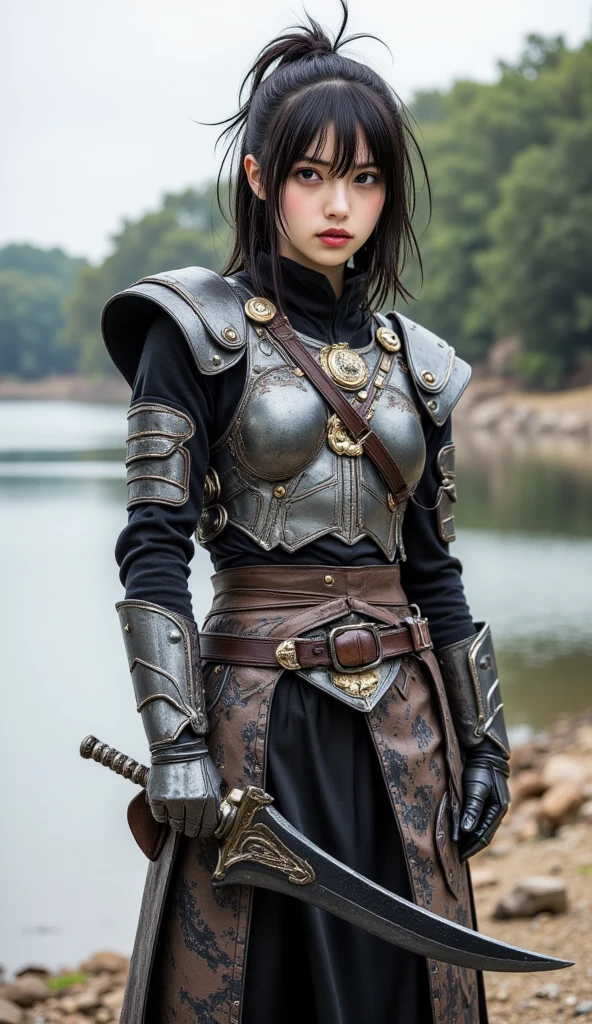 8K,超A high resolution,((Top image quality))、((masterpiece))、(High Detail:1.3)、Woman in black armor、length hair。Wearing a helmet、Wartime scenes of armor damage