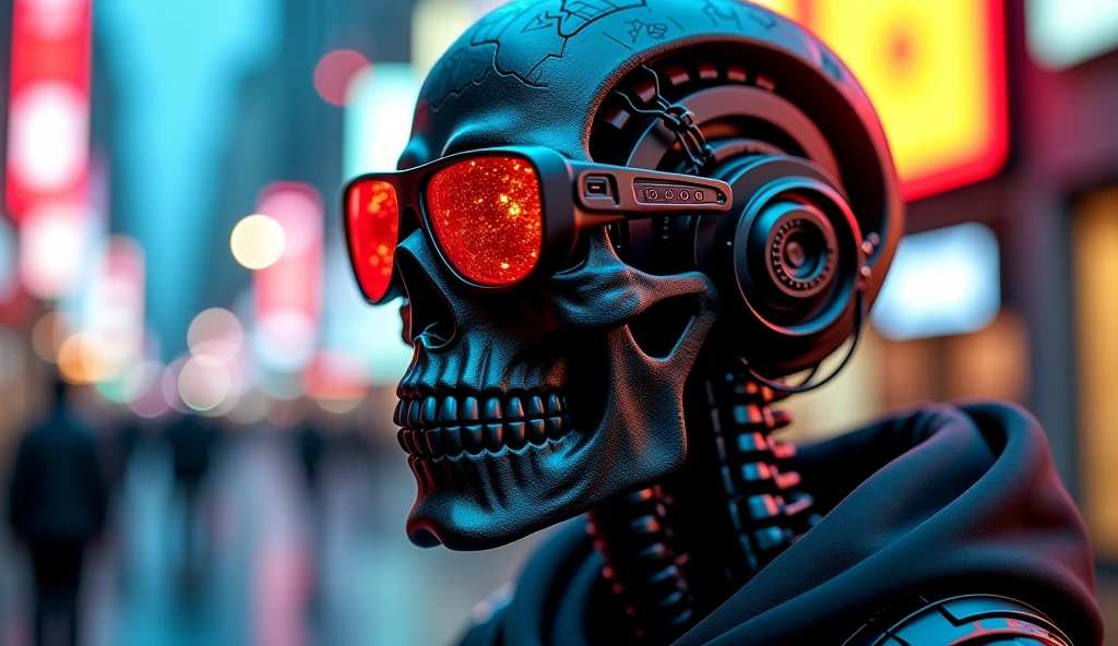 Futuristic skull with a motorcycle helmet has pink eyes and on the helmet some gothic neon letters that say Franco