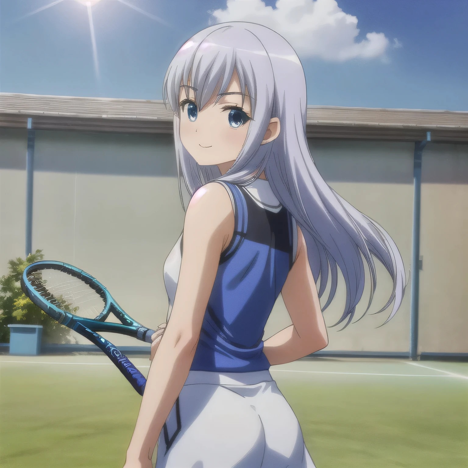 A young female tennis player in a sleek blue outfit stands ready, gripping her racket with both hands in a poised stance. Sunlight accentuates the crisp lines of her attire and the polished strings of the racket. Her determined gaze locks onto an unseen opponent, exuding confidence and focus. The lush green grass of the tennis court stretches into the distance under a clear blue sky. This dynamic scene blends elegance, power, and athleticism, capturing her readiness to strike with precision and grace.A 20-year-old woman smiles gently, friendly. (RAW photos, top quality), (realistic, photo-realistic:1.4), masterpiece, extremely delicate and beautiful, highly detailed, 2k wallpaper, ultra-detailed CG unity 8k wallpaper, ultra detail, high res, soft light, beautifully detailed girl looking back, extremely detailed eyes and face, beautifully detailed nose, cinematic lighting, perfect anatomy, slender body. Long hair, blue hair, blue eyes.