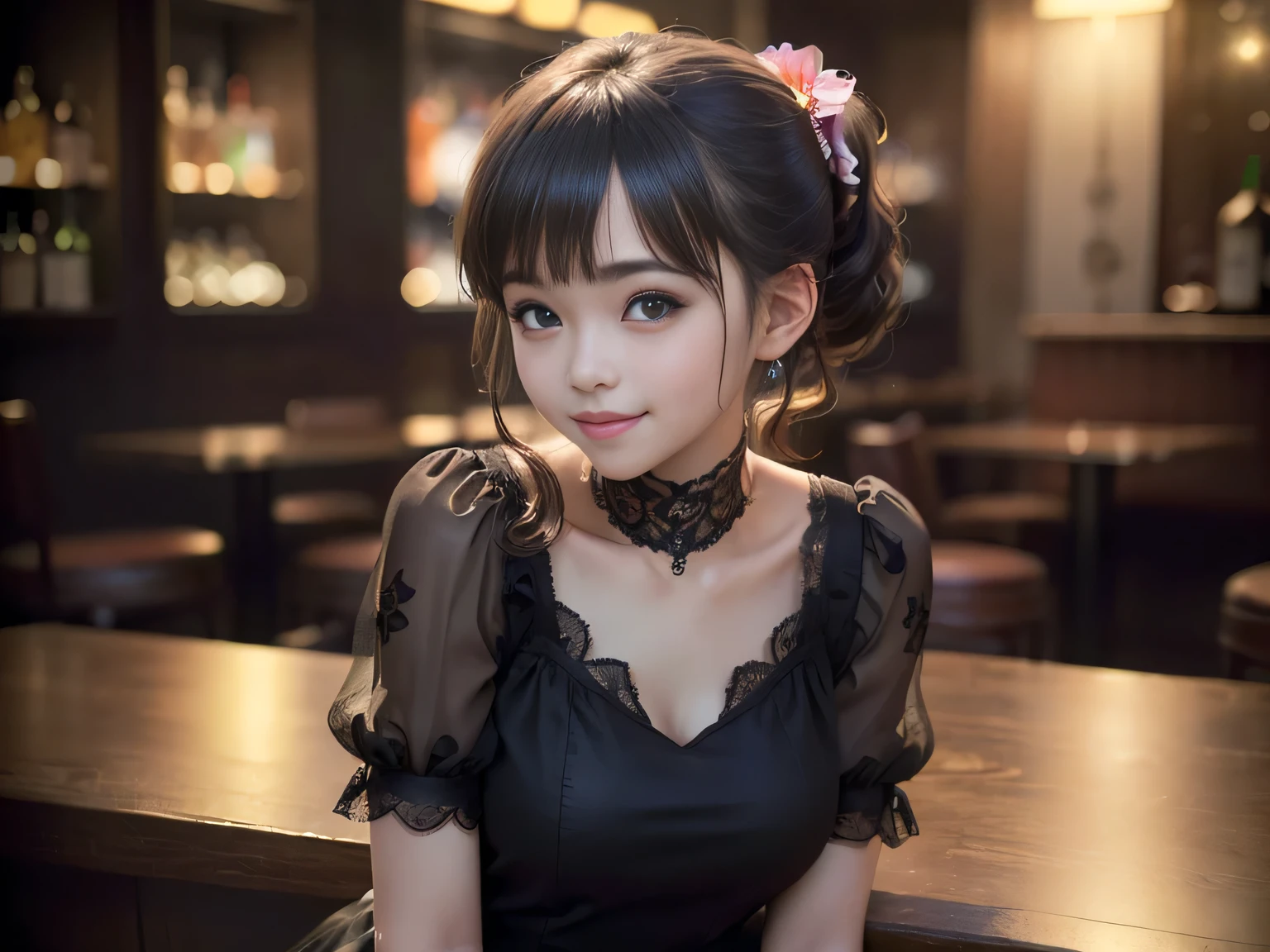 (Highest quality, masterpiece, Ultra-high resolution, 8k, RAW Photos, Realistic, Anatomically correct:1.5), 20-year-old girl:1.2, Embarrassing, avert your eyes, blush:1.0, View Viewer, ((bar)) 、Large windows、Night view、 Light:1.2, Bokeh, Cinema Lighting:1.0, Depth of written boundary, sharp、 Cute Face、Idol、(Black short sleeve lace top)、(Black tulle skirt)、(Black clothing)、(Floral clothes)、”dwarf”、(Full Body Shot)、(Side angle)、Cowboy Shot、( smile)、((Ultra short hair、Berry Short))、(Straight bangs)、((See-through))、(( One woman))、look back、I can see your belly button、