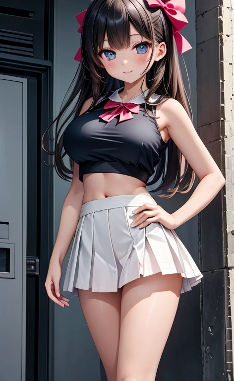 (Ultra Detalhe, 8k, best quality), grading by color adjustment experts, Fotos realistas, White bra and short skirt, modelo feminino, arms tucked back, corpo inteiro, compromisso realista, atmosfera dominadora: 1.3, Pose ousada, Different scenarios.