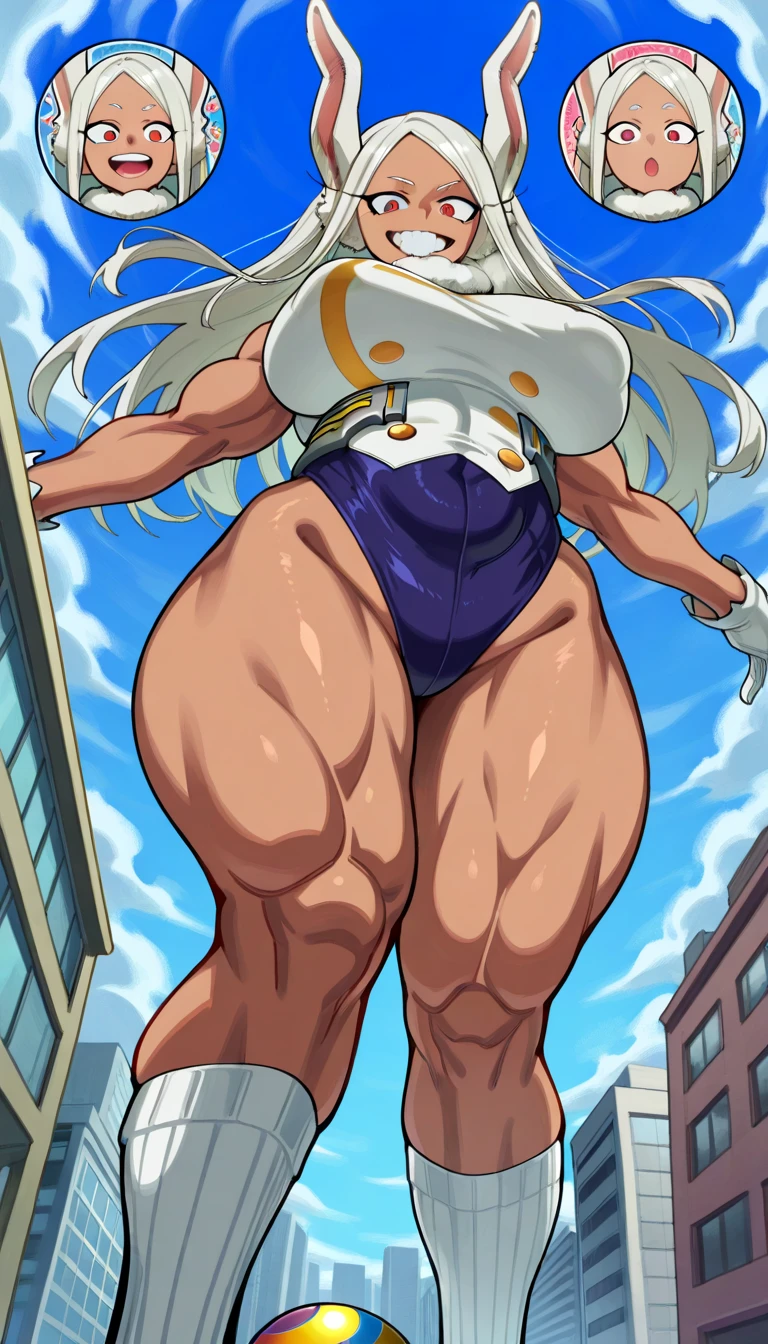1Full body picture from a low view of A dark skinned 25-year-old woman, athletic body, very detailed short black wavy buzz cut hair, thick eyebrows, long eyelashes, beautiful brown eyes, thick lips, toned arms with tattoos and , large natural breast, toned abs, thick curvy hips and thighs, muscular legs very detailed, big curvy booty wearing a short pink transparent double split dress with lace trim, a tight fitting white sleeveless crop top shirt, black leg bands around her thighs, black arm bands on each upper arm, transparent white thigh high stockings, stiletto heels, standing in a very detailed grassy field on a highly windy day, hair blowing in the wind she is looking very serious (full body)