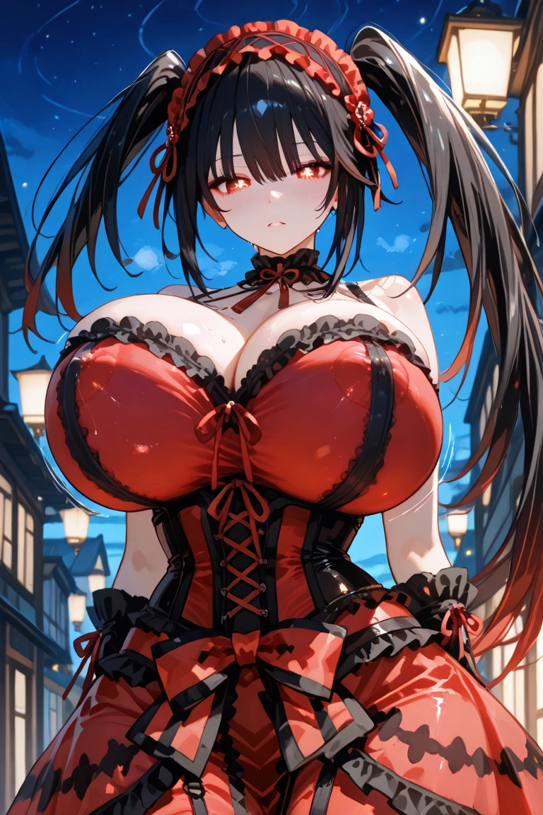 nsfw, aakurumi, long hair, twintails, hairband, heterochromia, huge breasts, red ribbon,cleavage, black choker, bare shoulders, gothic, red dress, red bow, detached sleeves, show off nipple, nipple piercing