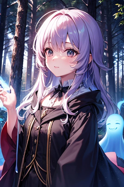 1girl, dynamic pose, cute pose, short hair, pink hair, blue eyes, witch hat, black dress, short sleeves, black gloves, black thighhighs, open mouth, smile, nature, night, night sky <lora:nlc_blue:1.5>