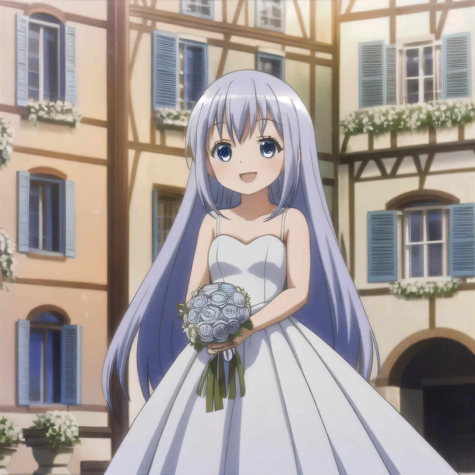 A breathtakingly beautiful 20-year-old woman stands in the courtyard of a luxurious mansion beneath a clear blue sky. She wears a white and blue wedding dress, holding a red bouquet gracefully in front of her chest. Her radiant smile and joyful expression exude pure happiness. Long hair, blue hair, blue eyes.