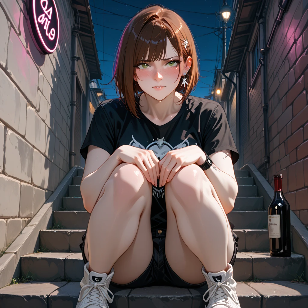(masterpiece、top-quality、hight resolution、Unity 8k、extremely details CG:1,Best Picture)、((intimidate、Smoking cigarettes, bad eye contact、Poorly dressed))、girls, rough attitude, drug taking、squatting、Night,nsfw、Cheap tattoos、((from above、pov))