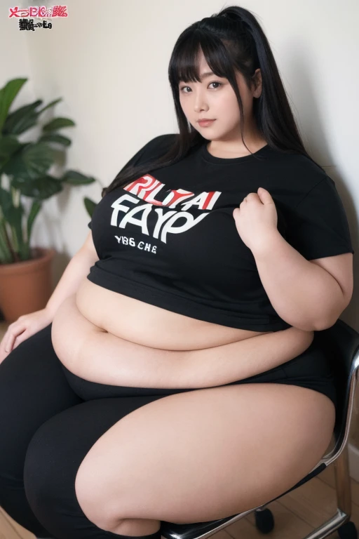 ((best quality)), ((masterpiece)), (detailed), perfect face, chubby female, big breast, chubby belly, full body, chubby thighs, thick neck, wearing brown midi t-shirt and thight skirt, black room, chubby armpits, wearing sneakers, glasses, pose on camera, asian-Indonesian 