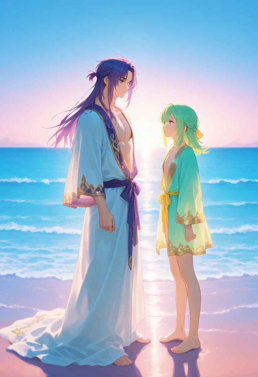 Background: A serene sunset over a tranquil beach.Foreground: A man and two women standing close together, with one woman in a revealing dress, the other two gazing at her affectionately.