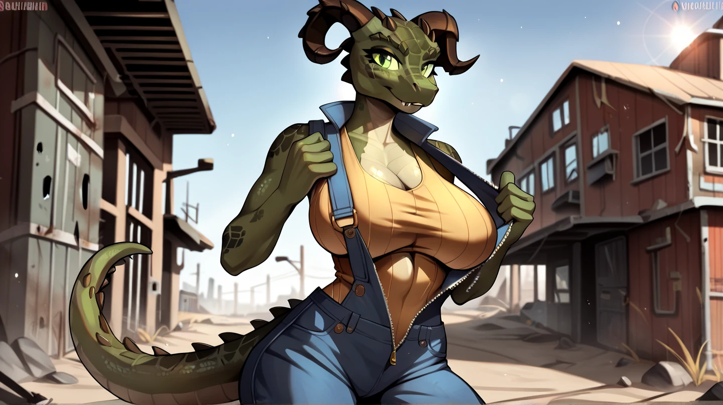By bebebebebe, (by greasymojo:1.3), by chunie, by sonsasu, by danza, solo, 1girl, female, muscular, giant, massive, enormous, gigantic, buff, biceps, smirking, hair, dragon, brown scales, white spots, white chest scales, clothed, alleyway, plants, dramatic lighting, giant breasts, gigantic breasts, nipple piercing, blue military spacesuit, full body, 