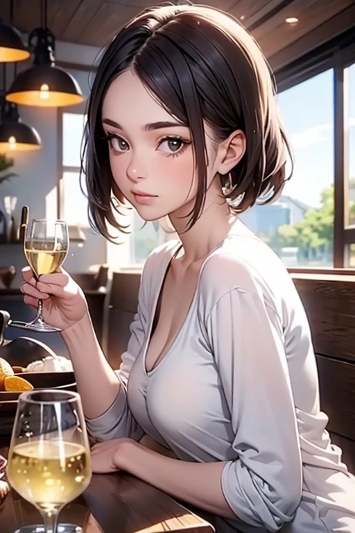 Digital illustration style, realistic, drunk beautiful woman, drinking wine, side view, close-up, short hair, shiny red lips, moist eyes, v-neck collared shirt, outdoor restaurant background, sun, shade, backlight,