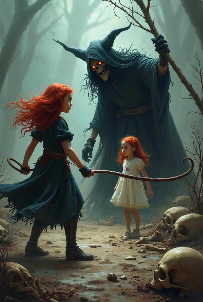 in a forest a woman with really long black hair holds an axe in her hand. In front of her, a small boy with curly red hair stands. Background, there are two silhouettes.