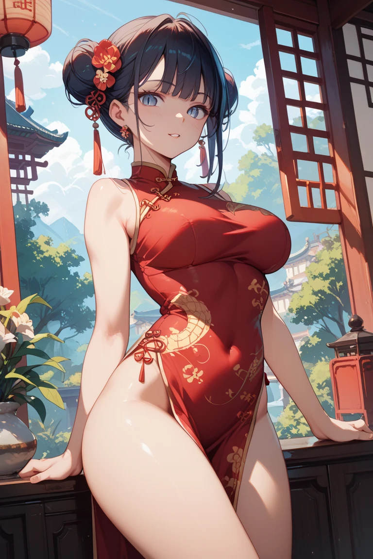 (score_9, score_8_up, score_7_up, score_6_up, score_5_up, score_4_up), masterpiece, best quality, high_resolution, 8k, UHD, 1girl, detailed, extremely detailed, best anatomy, (large breasts), (twintail), short hair, short twintail, brown hair, orange eyes, indoor, in room, chinese dress, chinese clothes, 