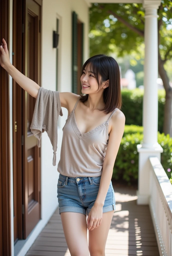 (Best quality, 8k, 32k, Masterpiece, UHD:1.2),Photo of Pretty Japanese woman,1gril,black short hair,l(eaning forward:1.1),squatting,from above,pov, white loose t-shirt,(denim shorts:0.9),lace bra,necklace,medium breasts,smile,hands on knee