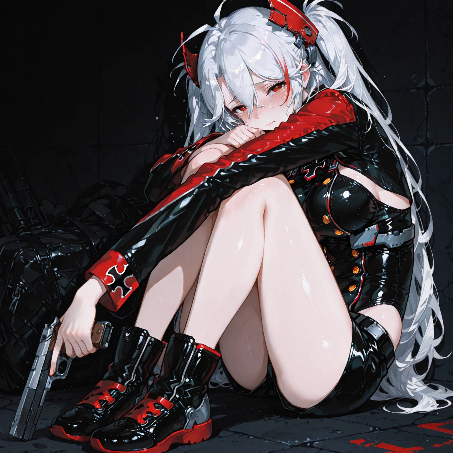 1girl, white haired anime girl with blood on her body, inspired by INON digital painting, drinking tumbler, graffiti, 2b pose, highly detailed, ahegao expression, dripping skin, runes covering body, glowing pale skin, thick and smooth thighs, frost on her skin, full body art,masterpiece, thin pink hair, knight style uniform, bob cut hairstyle, miniskirt, smiling girl, high heels boots, full body shot,