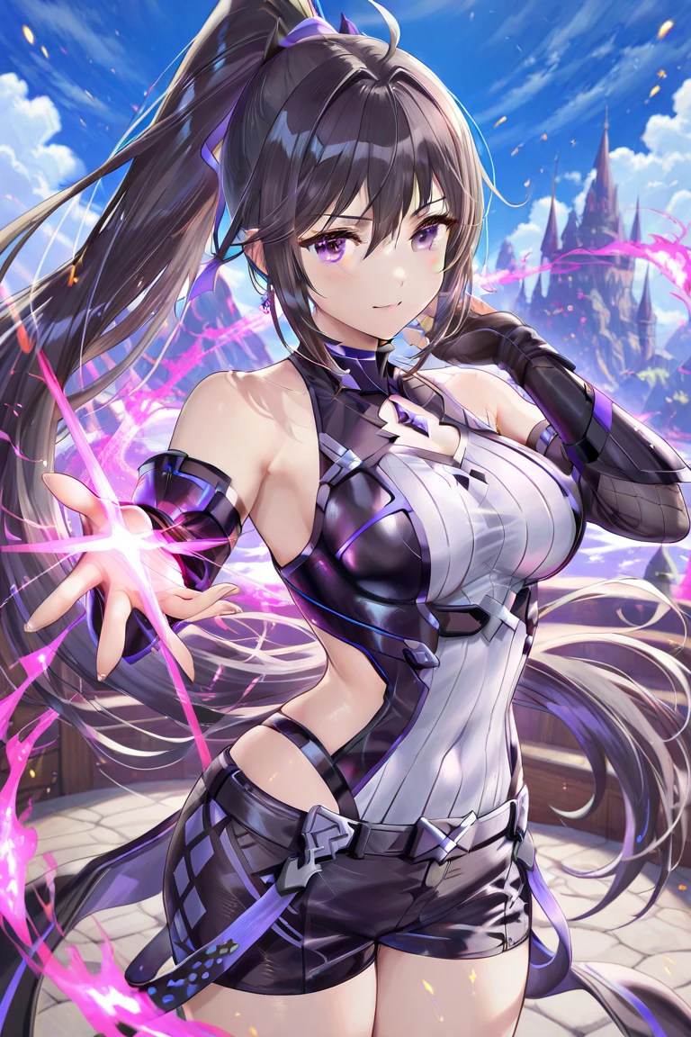 Ai Hoshino, Long hair, Purple hair, Striped hair ,Purple eyes, Star-shaped pupils, 1girll, full bodyesbian,Solo, Purple eye,Star eyes,Sparkling eyes,Shining eyes,Star-shaped pupils,Detailed eyes, white thighhighs, Purple colored hair,Blowing hair, looking a viewer, Breasts, full bodyesbian, Large breasts,Ray tracing, Vibrant colors, Girl, Masterpiece, Sharp focus, Best quality, Depth of field, Cinematic lighting, detailed outfits, Perfect eyes, Rich in detail and texture, Bunny Girl, Riman, Indoors, Smiling, Red hair, Colored inner hair, colored eyelashes, Long hair, Blue eyes, black sock, Smiling,