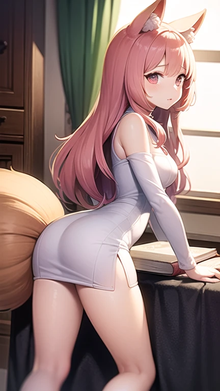 Masterpiece, best quality, highres, red hair, yellow eyes, long hair, blush, huge breaast, ((hair down)), very long hair, indoors, from side, ass, prone, lying on stomach, nude, bed, sweating, sideboobs, grin