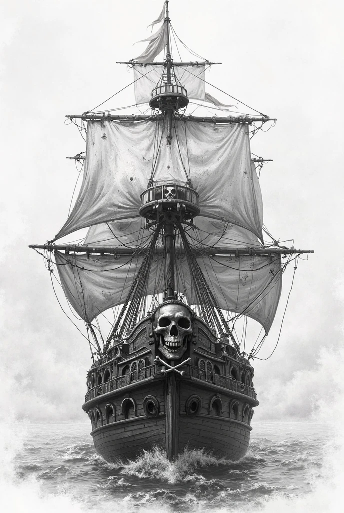 a pirate ships' mast ,with crows nest, and sails displaying skull and crossbones, full elevation head on front view against a plain white background