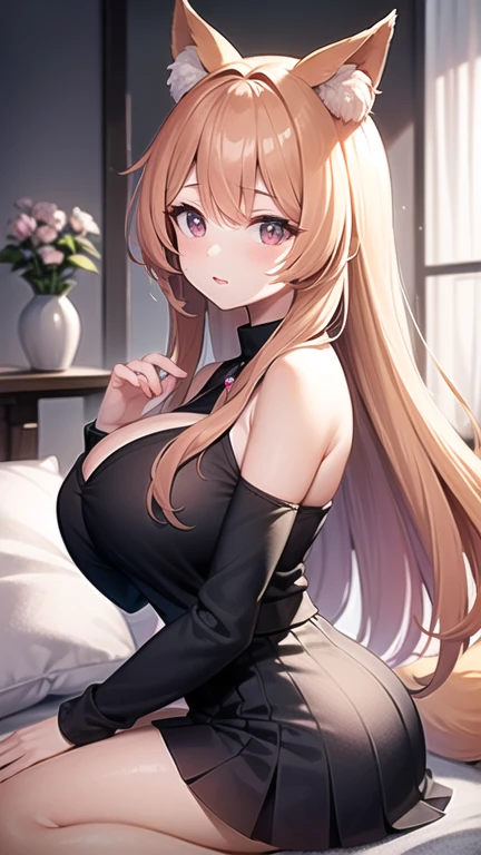 ((masterpiece)), (Highest quality), (detailed), (1 Girl),,Red eyes,Light brown hair、Long Hair、Wolf Ears、,bed、Large Breasts、blush、camisole(tight)、Staring at a huge penis、smirk