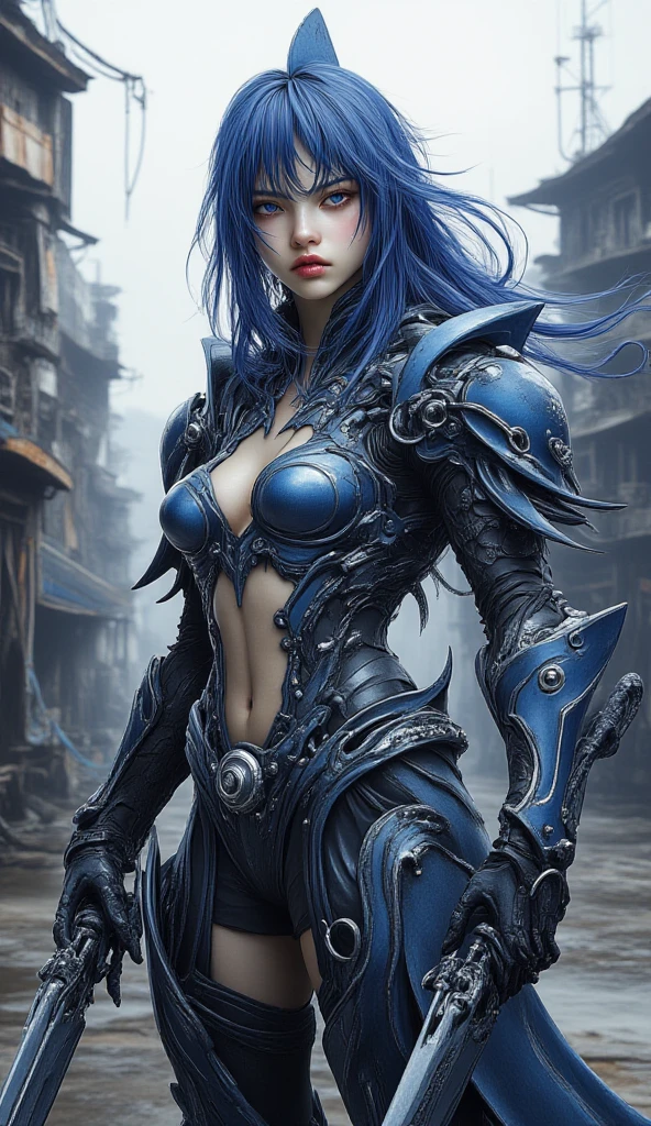 extremely detailed beautiful Gabrielle Garcia, full body length, some scars on her perfect face, hair cascading in loose waves up to her small waist, an impressive 30-year-old realistic photograph, fire-colored blue hair, blue eyes, extremely detailed unzipped, biker outfit, high heels, she is in the ancient necripolis town of Stratholme located in the desolate and haunted land contaminated by plague and war, where decay and darkness reign, imposing posture, metal details on jacket, cut, witchblade references, full moon, sister of battle elements, UFO lights in the sky, facehuger walking nearby, some chaos in the environment, hyperdetailed, octane render, shadow and light active, lighting bar, complex, resolution 8k hypereallistic cover photo erte .12k, intricate. definition of hit, maximum detail, extreme cinematicism, mixture of bold dark lines and loose lines,{{{{Whole body}}}}.