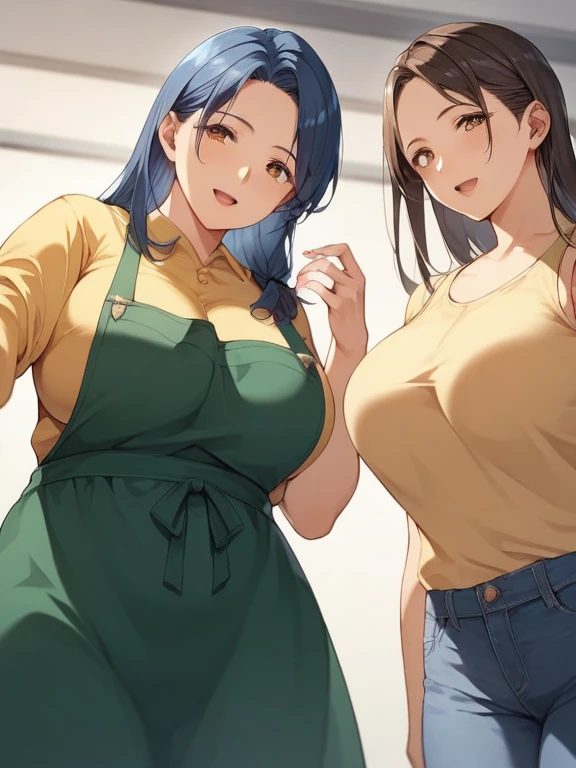2heads, a very tall skinny woman with 2 heads. Working behind the counter at the register at a coffee shop. Wearing green apron with store logo, wearing worker uniform. Cleavage. Mature, milf. Messy long white hair. Thin face, cute face. Smiling. Blushing. Thick eyeliner. Eyeshadow. Baggy eyes. Extremely tall. Freckles, many freckles. Covered in freckles. Big saggy breasts covered in freckles.