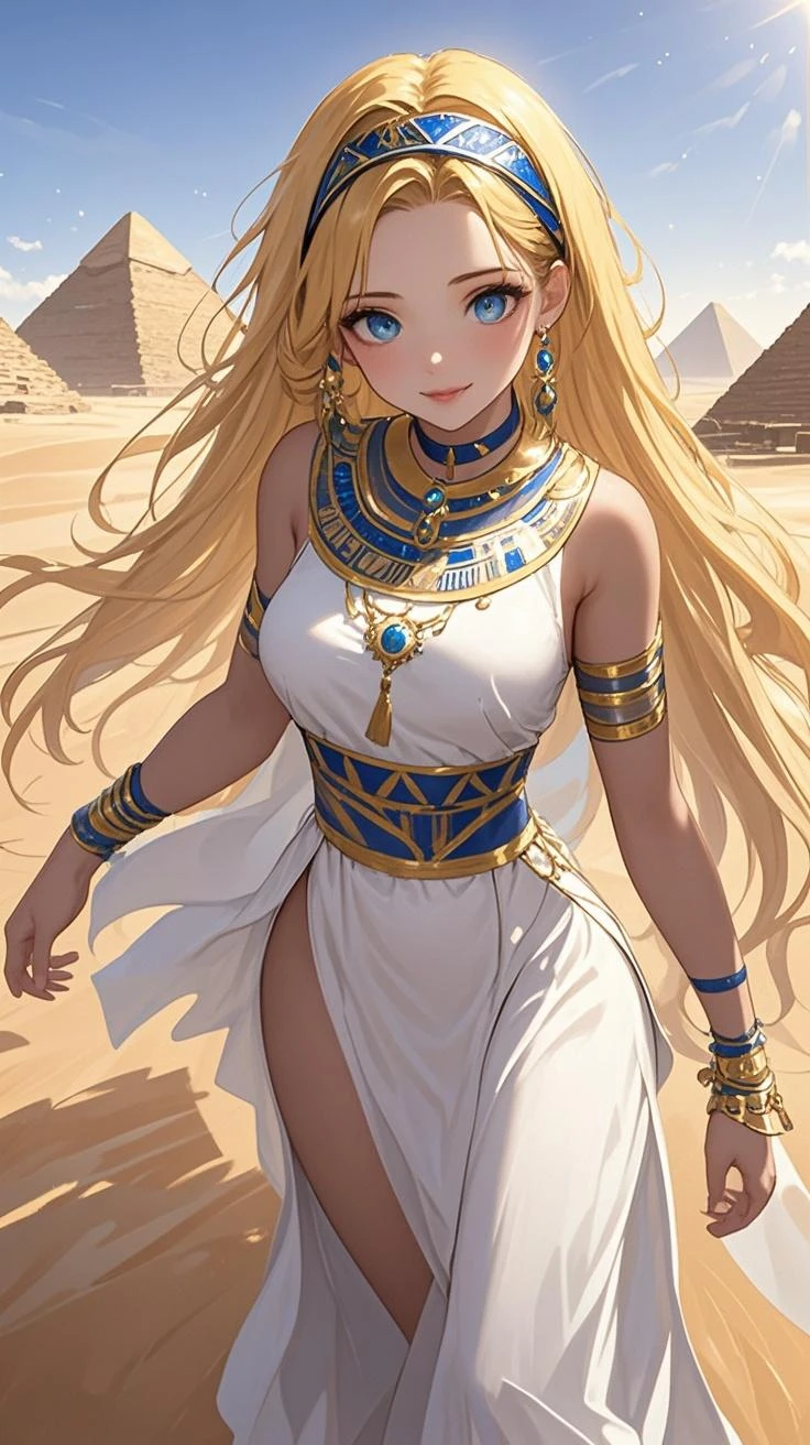 Man with ash blonde hair, with an ancient spear, dancing with the wind, with egyptian clothes, long hair, sharp blue eyes, and tanned skin