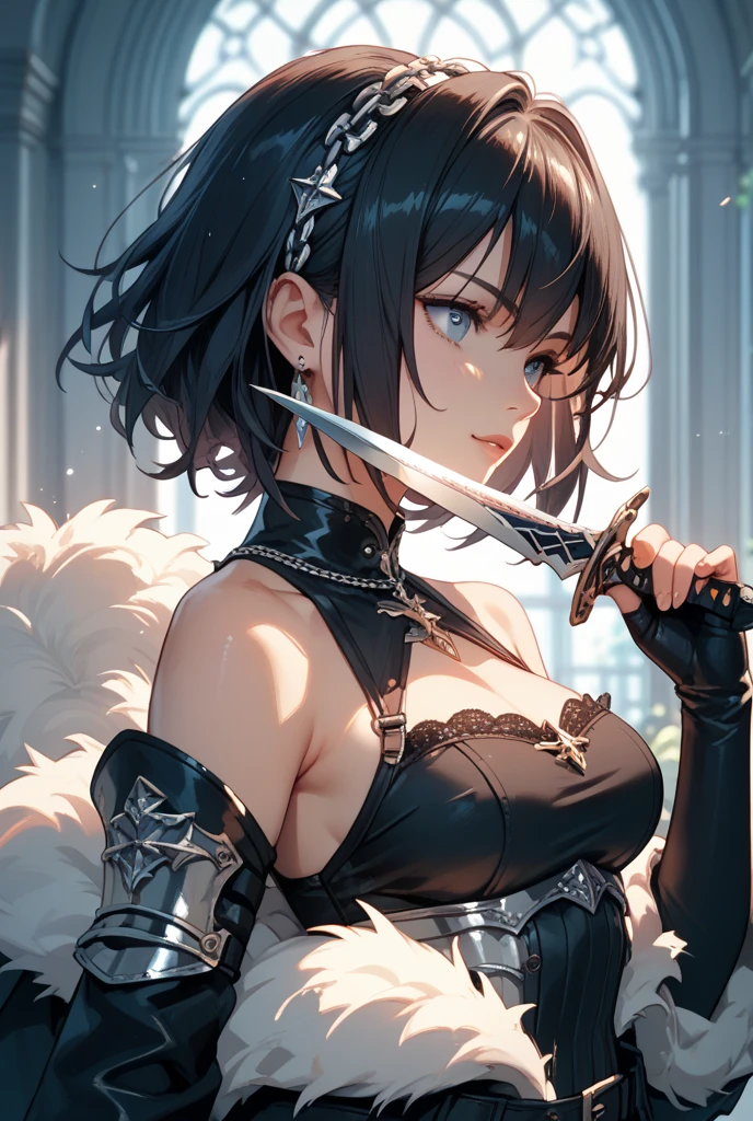 A mesmerizing depiction of a girl with short hair, set against a backdrop of a blazing inferno engulfing a house. This artwork is a true masterpiece, meticulously crafted with the best quality in mind. The composition showcases a captivating cowboy shot, capturing the essence of the lone figure in the frame. With her rebellious allure, the goth girl exudes an air of mystery and defiance. The goth makeup enhances her features, accentuating her piercing gaze and adding depth to her soulful eyes. Dressed in a stylish sweater and black pants, she exudes an edgy elegance. The choker adorning her neck adds a touch of intrigue to her overall aesthetic. Her bangs frame her face delicately, further accentuating her en