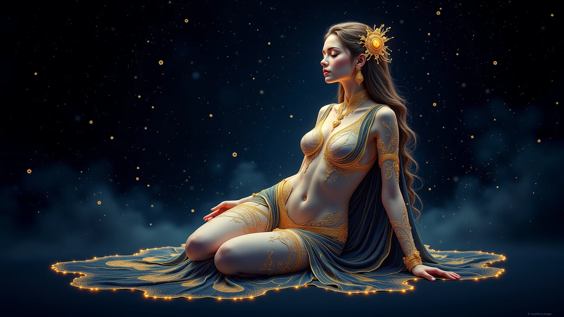 In a realm where galaxies collide and celestial clouds swirl, the ethereal enchantress Grace holds dominion, her ethereal form aglow with the radiant fire of a thousand cosmic furnaces.
Grace's divine visage is framed by a halo of shimmering starlight tresses, each strand woven from the very dust of shattered nebulae. Her tresses billow weightlessly, caressing her lithe form in a sensual dance fueled by stardust. Eyes that blaze like the hearts of long-dead suns bore into any who dare meet their smoldering gaze, promising equal parts rapture and annihilation to those entranced by their molten depths.
The enchantress's celestial garments appear crafted from the shimmering auroras of newly birthed worlds. Diaphanous silks and ethereal chiffons cling hungrily to her curves before flowing away in a breathtaking spiral, mirroring the whorls of distant accretion disks. She is fully clothed, fully clothed, fully clothed, fully clothed, fully clothed, fully clothed. As she moves, stardust swirls in her wake, crowning her as the supreme seductress who rules the celestial spheres.
