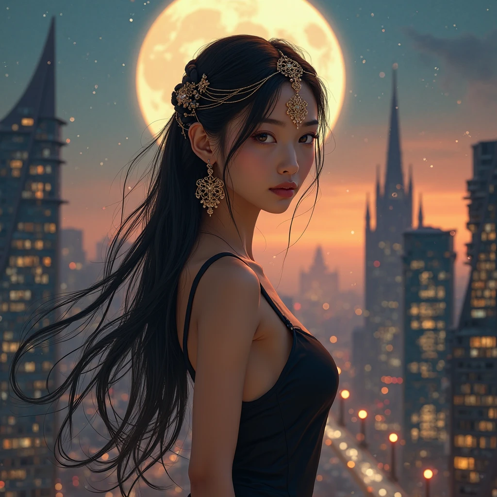 abstract beauty, Stunningly beautiful girl with olive skin, The skyscraper on the left, centered, looking at the camera, approaching perfection, dynamic, moon light, Highly detailed, aquarelle painting, Artstation, Concept art, Smooth, sharp-focus, illustartion, art by Carne Griffiths and Wadim Kashin