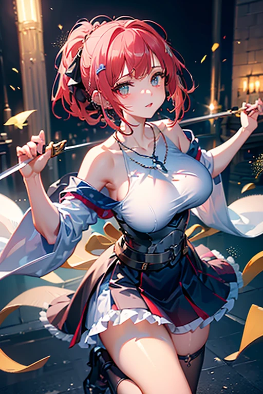 masterpiece,best quality,1girl,pyra,solo,bare_shoulders, black_ribbon,middle breasts, white_dress, collared_dress, dress, gloves, hair_ornament, hair_ribbon, hand_up, narrow_waist, neck_ribbon, pantyhose, pantylines, parted_lips, ribbon, short_dress, sleeveless, sleeveless_dress, swept_bangs, wrist_cuffs, <lora:homura-000002:1>