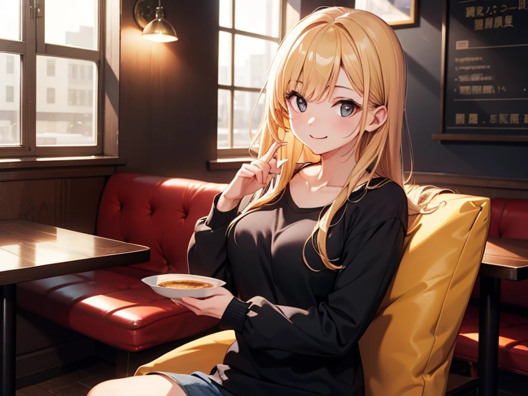 Cute beautiful blonde in black sweater and jeans (Sitting inside a modern restaurant at noon), ighly detailed, 21years old, innocent-looking face, Natural Wavy Hair, Brown eyes, hight resolution, ​masterpiece, top-quality, intricate detailes, ighly detailed, foco nítido, detailedskin, realistic skin textures, texture, A detailed eye, professional, 4K, Chalmer Smile, Shooting with Canon, 85 mm, Shallow depth of field, Kodak Color Vision, Perfectly fitting body, ighly detailed, Photo_\(Ultras\), Photorealista, realist, Post-processing, Maximum Detail, rough, real life, A hyper-realistic, rendered, photography, 8K UHD, photography (grain of film) Medium shot with close-up shot,Happy smiling face,Bright lighting with atmosphere, Atmosphere of enjoying conversation