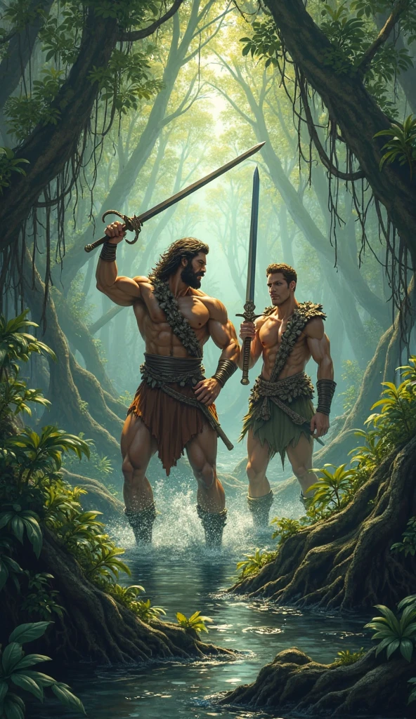 mature very muscular male, shirtless, bare-chested, wearing brown leather loincloth, brown leather shoulder armor on right side only, leather bracers and sandals, brown eyes, long brown hair, wielding short-sword in right hand, crouching, in jungle, scattered light, dynamic pose, 8k, Unreal engine, highly detailed, photorealistic
